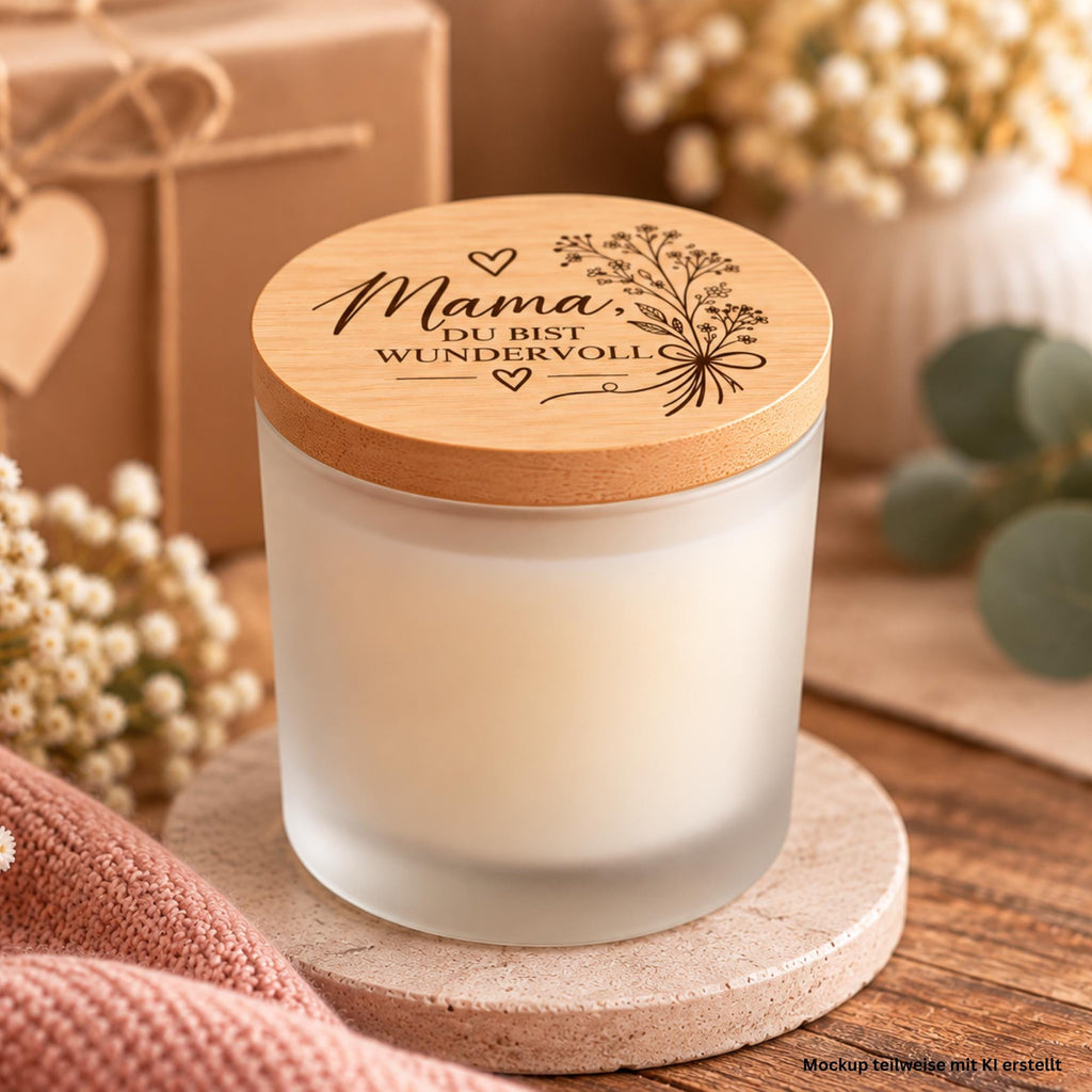 Duftkerze für Mama im Glas mit Vanilleduft, Naturwachs und Bambusdeckel. Ein besonderes Geschenk von Herzen.