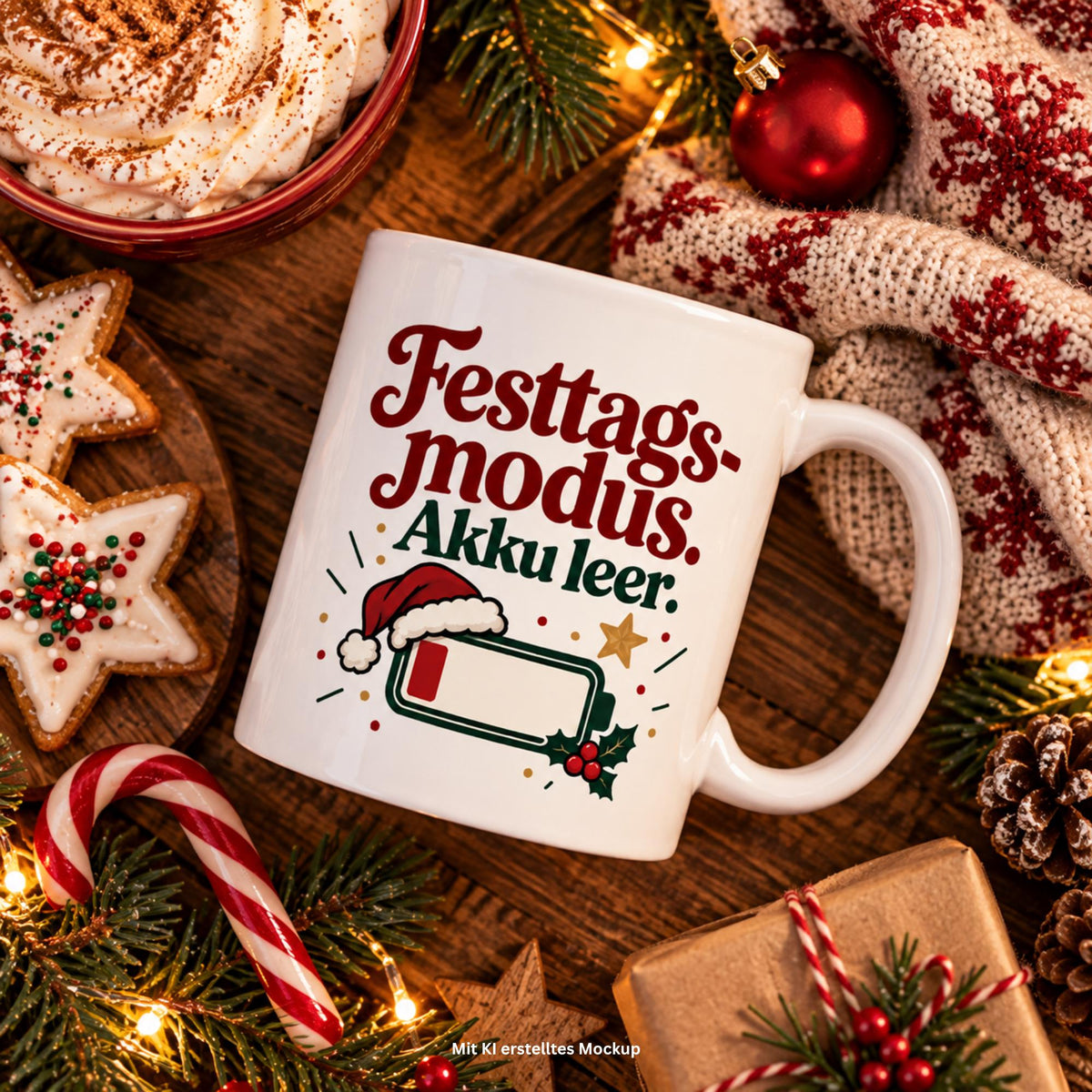 Lustige Weihnachtstasse „Festtagsmodus. Akku leer.“ – Tasse mit Spruch, Weihnachtsgeschenk, Wichtelgeschenk, Kaffeetasse 330 ml