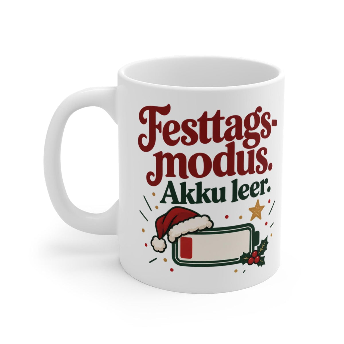 Lustige Weihnachtstasse „Festtagsmodus. Akku leer.“ – Tasse mit Spruch, Weihnachtsgeschenk, Wichtelgeschenk, Kaffeetasse 330 ml